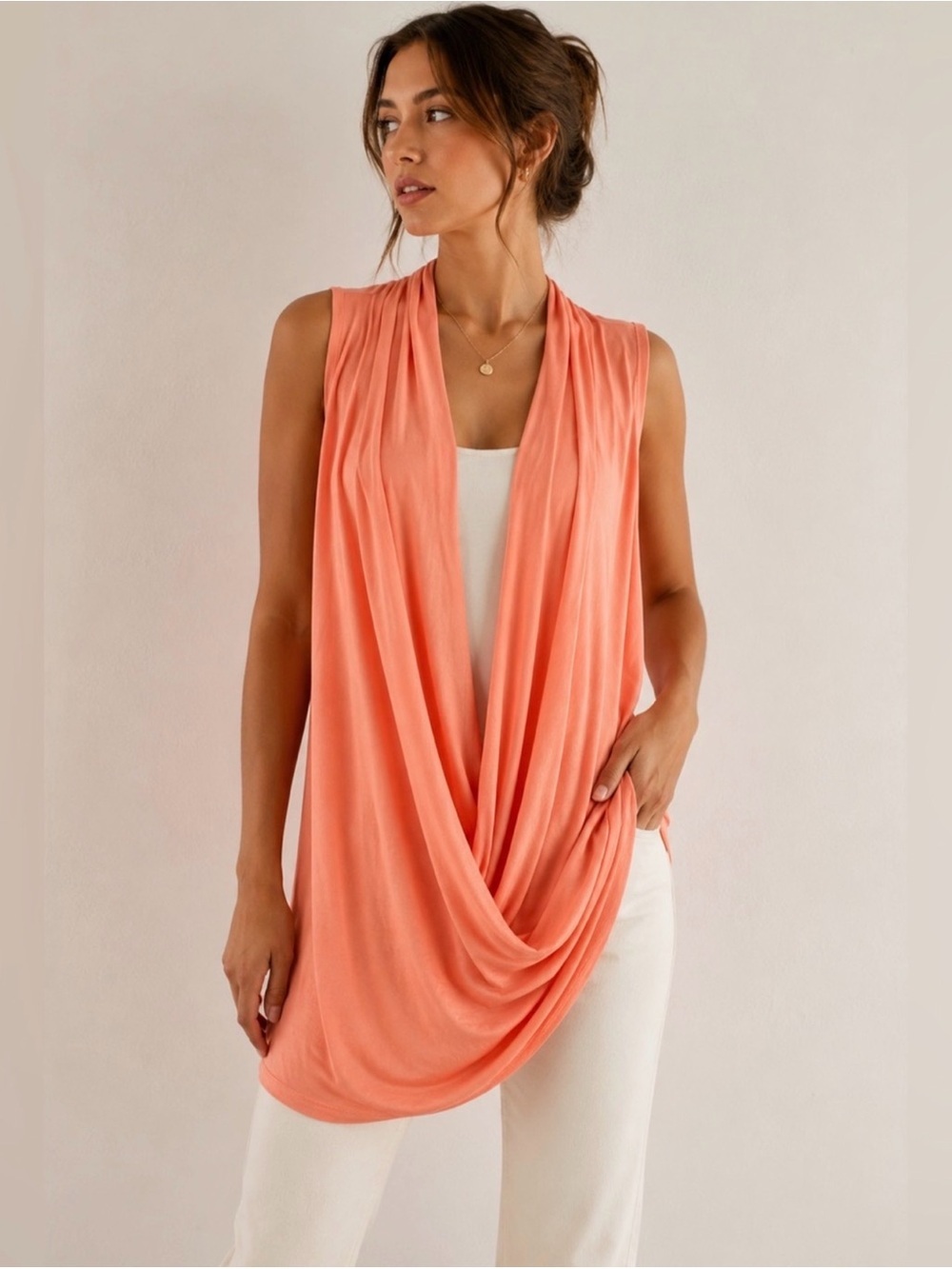 Wilfred Coral Peach Sleeveless Draped Tunic Size S Summer Minimalist Waterfall